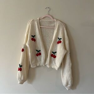 Trendy Cream Embroidery Cherry fuzzy Knit Cardigan Size Medium/Large